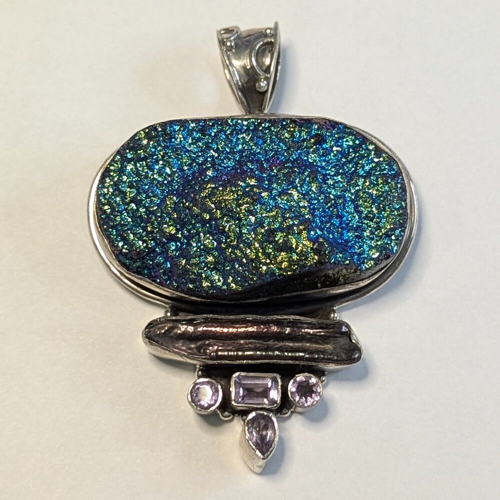 Pendant Massive 140 CT Titanium Druzy Pearl and Amethyst 925